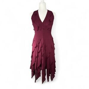 NWT VTG Tadashi 100% Silk Ruffle Asymmetrical Halter Dress US 8P Y2K Burgundy